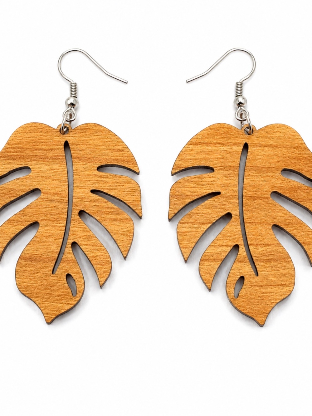 Handmade Wooden Monstera Leaf Dangle Earrings